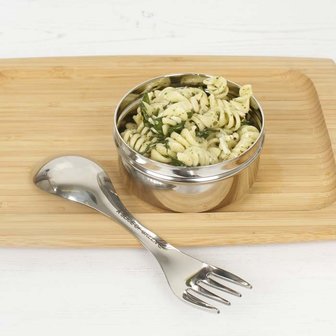 Slice of Green stainless steel spork, rvs lepel en vork