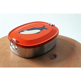 RVS lunchcontainer van The Zoo met een oranje deksel en print van een orca