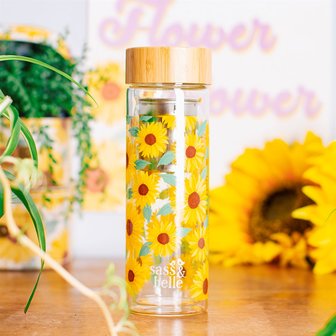 Sass and Belle Glass water bottle with infuser Sunflowers