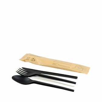 CPLA bestek set zwart 25 stuks, mes, vork, lepel en servet in zakje. 
