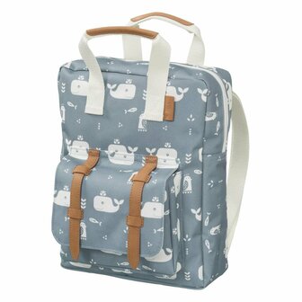 Fresk backpack large Whale Blue, blauwgrijze rugtas print van walvissen, visjes en pinguins