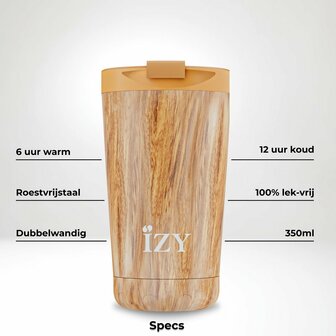 Houtprint Thermosbeker dubbelwandig RVS 350ml - GreenPicnic