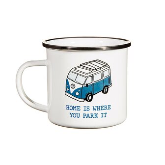 Witte mok van emaille met opdruk &#039;Home is where you park it&#039; van Sass &amp; Belle