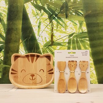 Bamboe houten tijger bordje en lepeltjes bij Greenpicnic