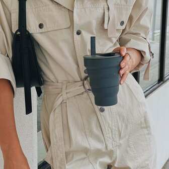 Hunu Collapsable Silicone Cup with straw Charcoal, opvouwbare koffiebeker