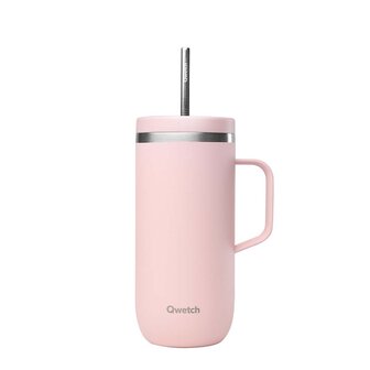 Qwetch dubbelwandige roze drinkbeker met rietje en handgreep