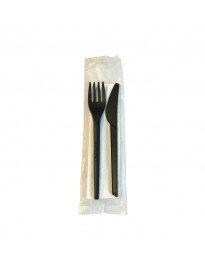 CPLA bestek set zwart mes, vork en servet in zakje. 16 cm