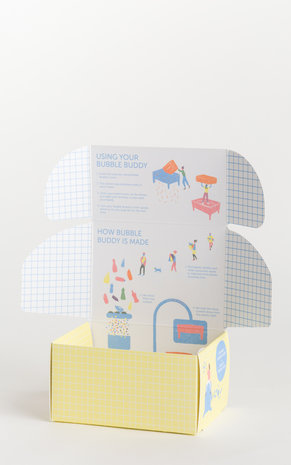 Bubble Buddy cadeau verpakking met hippe designs en een handige gebruiksaanwijzing