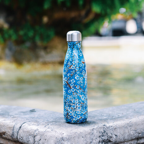thermosfles van roestvrij staal - Qwetch bottle 1000ml met blauwe bloemen