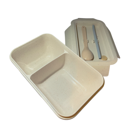 PLA lunchtrommel met vakjes, lepel en rietje van natuurlijke bio plastic
