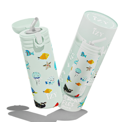 Izy Kids dubbelwandige drinkfles met rietje en zeeleven stickers