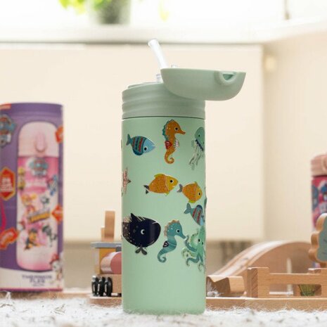 Izy botles drinkfles met rietje met zeeleven stickers