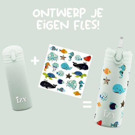 Izy Kids dubbelwandige drinkfles met rietje en zeeleven stickervel