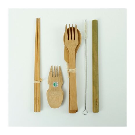 Bamboehouten eet kit met eetstokjes en rietje - Officieel Bambu Verkooppunt GreenPicnic