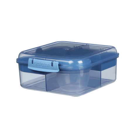 Blauwe Lunchbox met vakken en yoghurt potje van gerecycled plastic