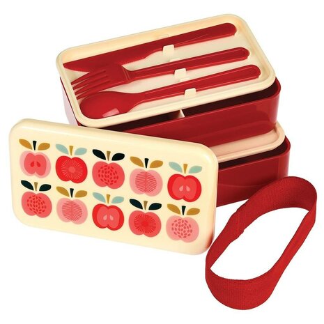 REX London Vintage Apple lunchbox met twee compartimenten en besteksetje