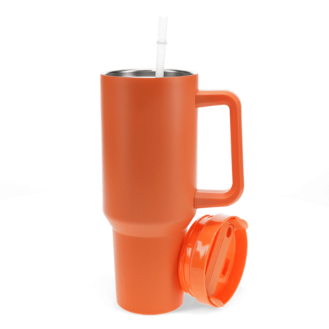 Grote reisbeker met handvat en rietje in oranje