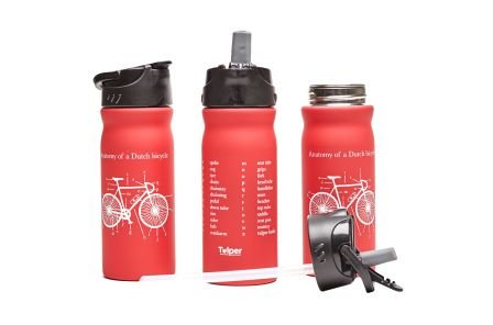 Rode Tulper drinkfles met fiets print. Rietje en drinktuit
