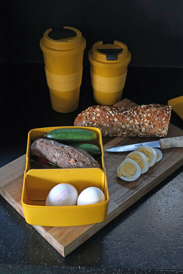Saffran Yellow Time Out PLA bioplastice lunchbox en koffiebekers