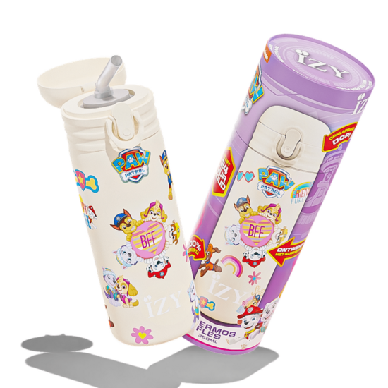 Lichtgele Izy Bottles kids schoolfles, lekvrij met Friends Furever stickervel