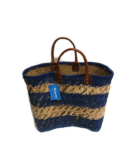 Blauw met naturel gestreepte mandtas, Fairtrade bij Greenpicnic