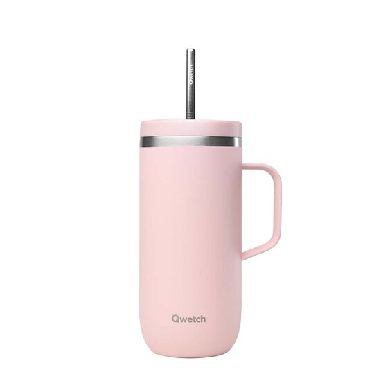 Qwetch dubbelwandige roze drinkbeker met rietje en handgreep