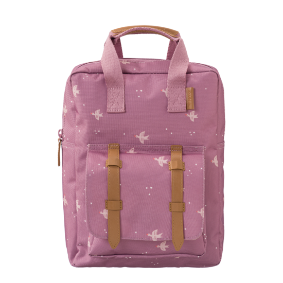 Fresk Backpack Small Swallow, roze rugtas met vogel print