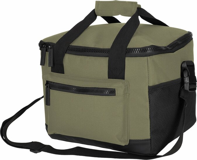 Olijfgroene r-PET koeltas met draagriem