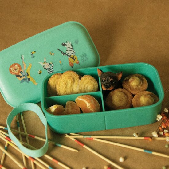 Mintgroene snackbox met 3 vakken en animal music print