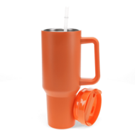 Grote reisbeker met handvat en rietje in oranje
