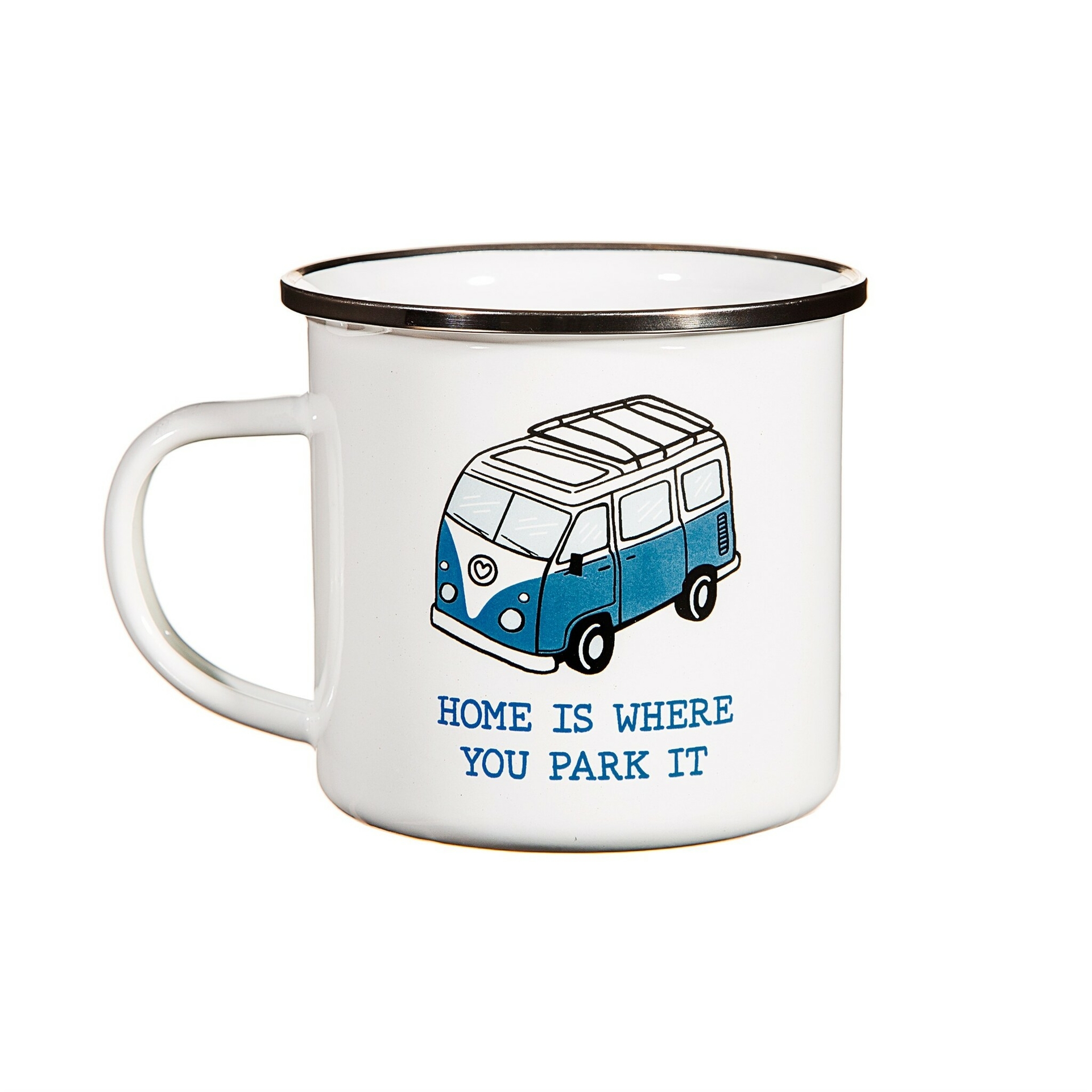 Witte mok van emaille met opdruk 'Home is where you park it' van Sass & Belle