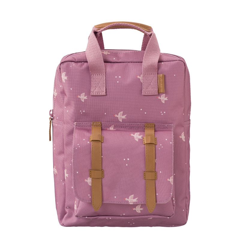 Fresk Backpack Small Swallow, roze rugtas met vogel print