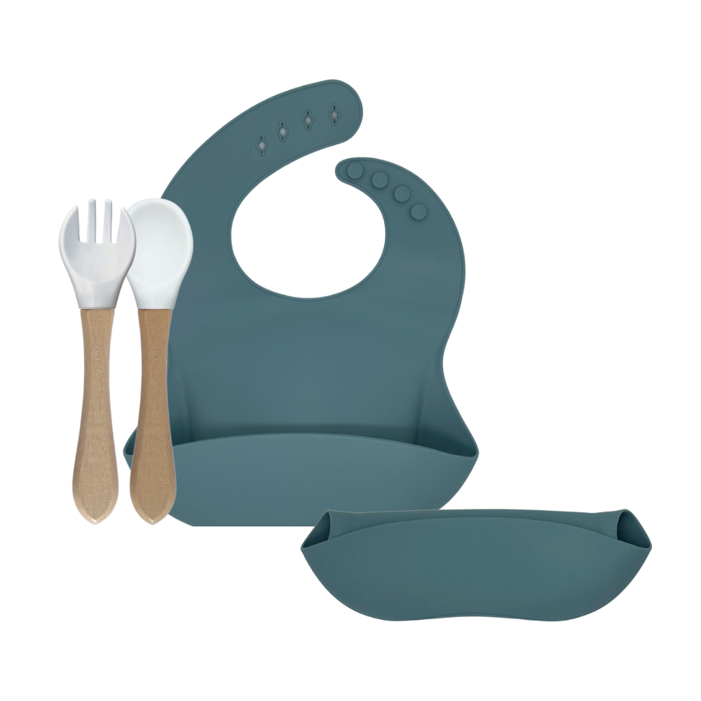 Siliconen slabje met vork en lepel - grijsblauw
