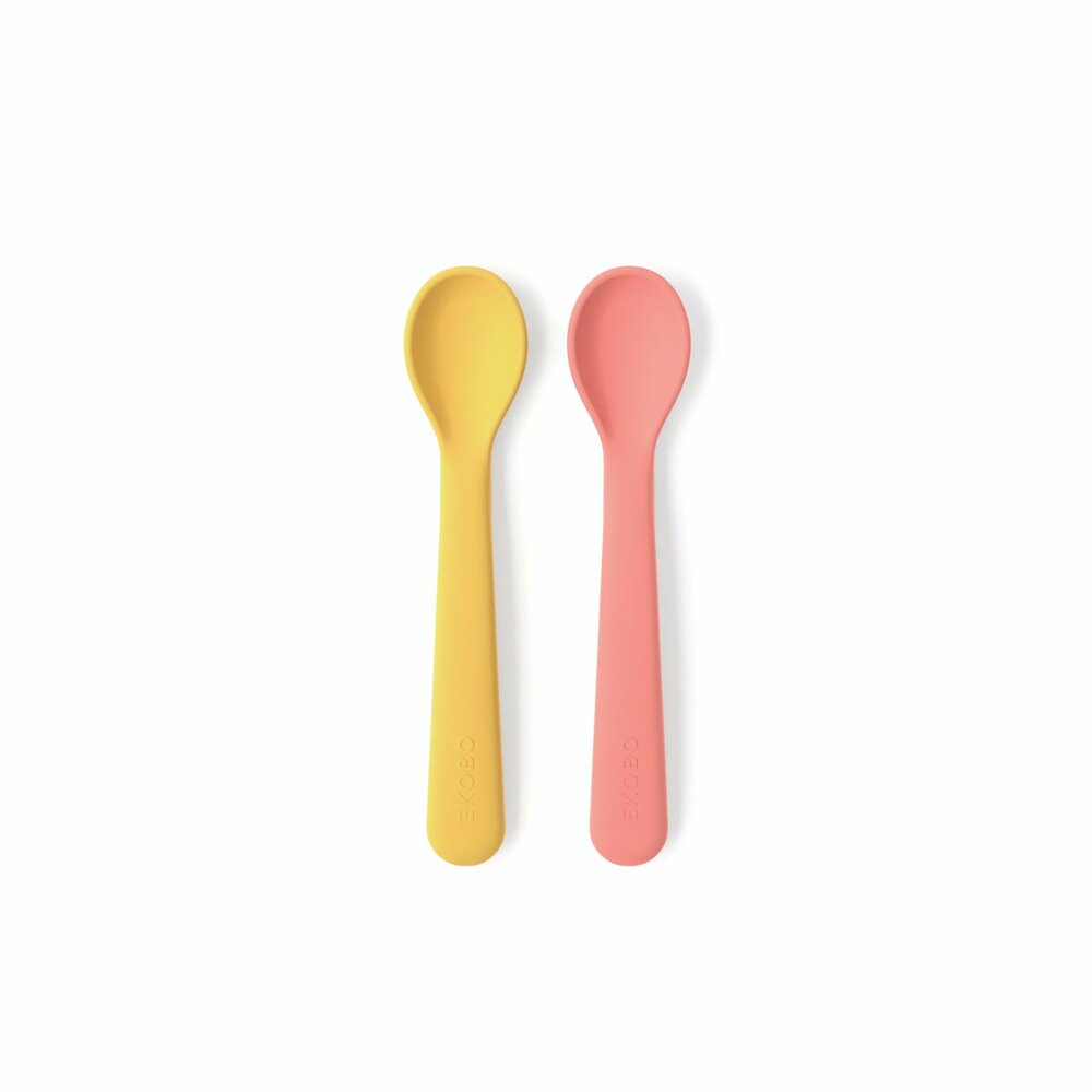 Ekobo Silicone Spoon Set Coral/Mimosa - roze en geel baby lepeltje 