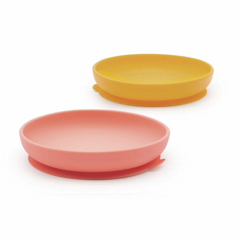 Ekobo Suction Plate Set Coral/Mimosa - Siliconen bordjes met zuignap