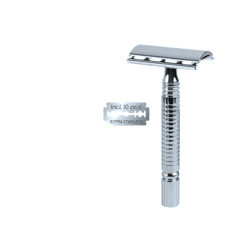 Plasticvrij veiligheidsscheermes van RVS, inclusief 5 extra scheermesjes.