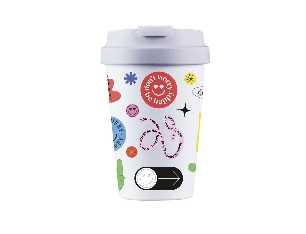 BioLoco plant easy cup, PLA koffie to go beker - Don't worry, be happy BioLoco plant easy cup, PLA koffie to go beker - Don't worry, be happy