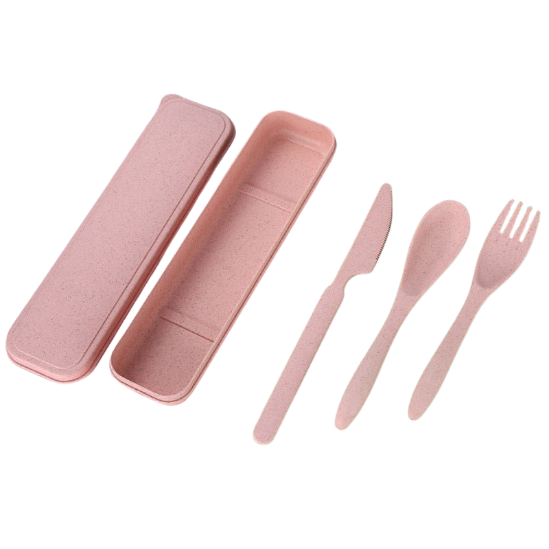 Bio Plastic reisbestek set van roze PLA uit tarwestro, incl. opbergdoosje
