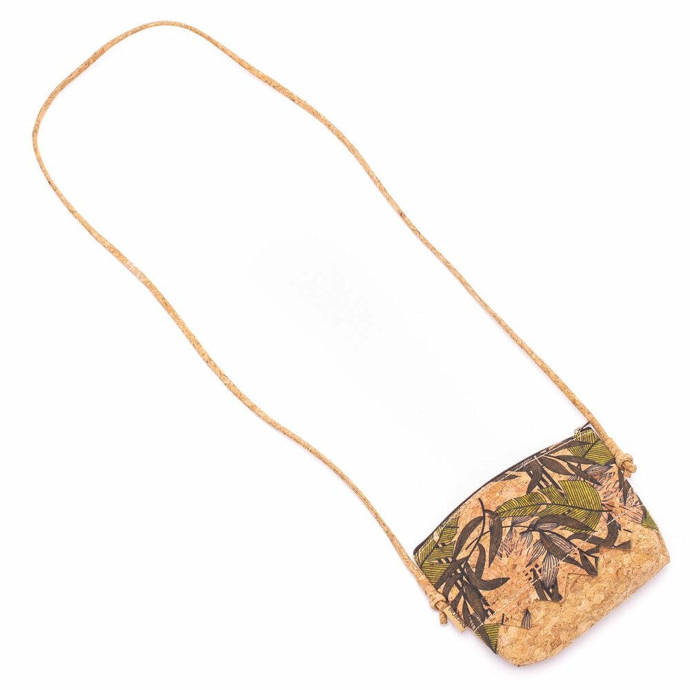 Mini schoudertasje van kurk met bladeren print Mini schoudertasje van kurk met bladeren print