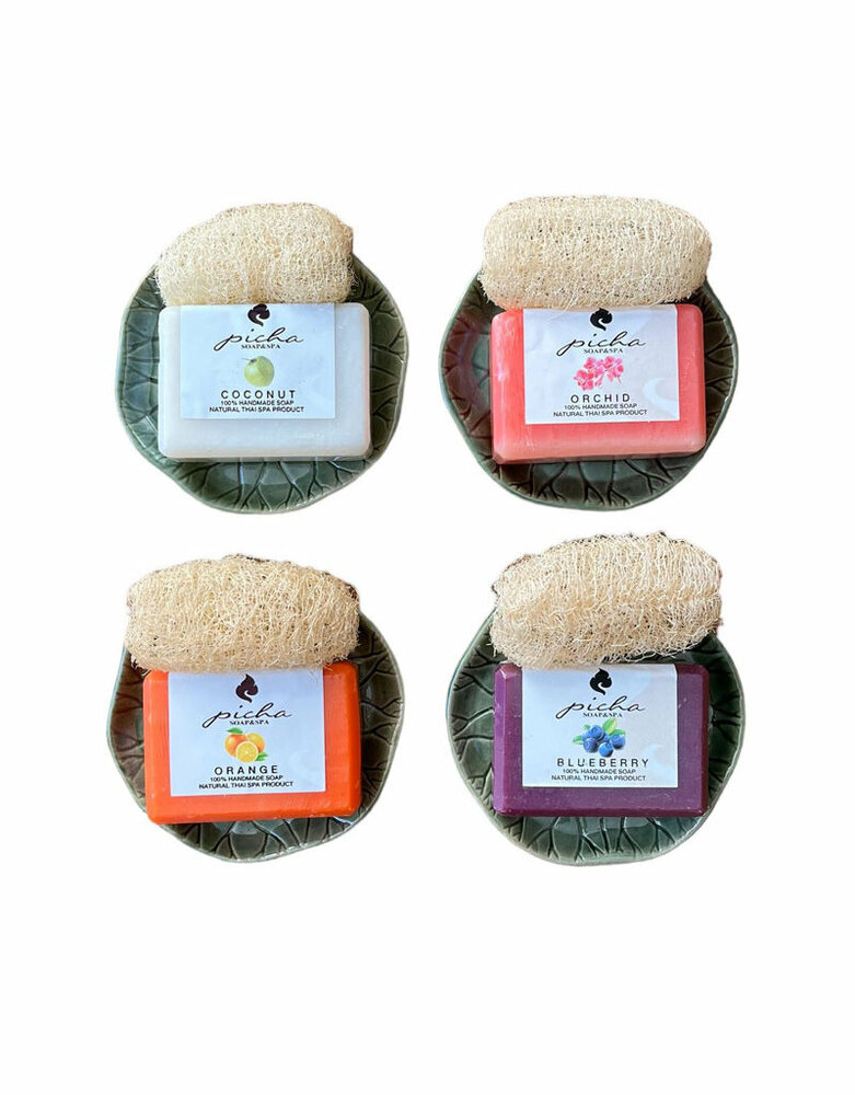 FairTrade keramisch zeepschaaltje met zeepje en loofah