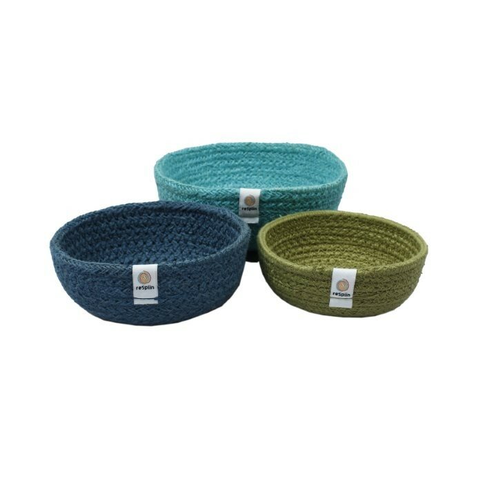 ReSpiin Jute mini bowl set, ronde mandjes in Ocean-kleuren