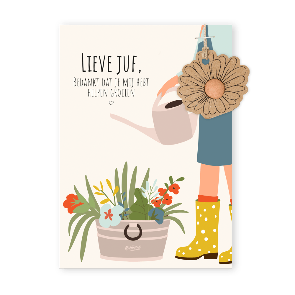 Blossombs bloembommetjes kaart met hanger. Bedankje voor de juf 