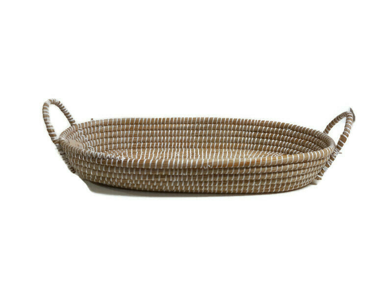 FairTrade XL ovale mand, Kaisa gras met wit gerecycled plastic FairTrade XL ovale mand, Kaisa gras met wit gerecycled plastic