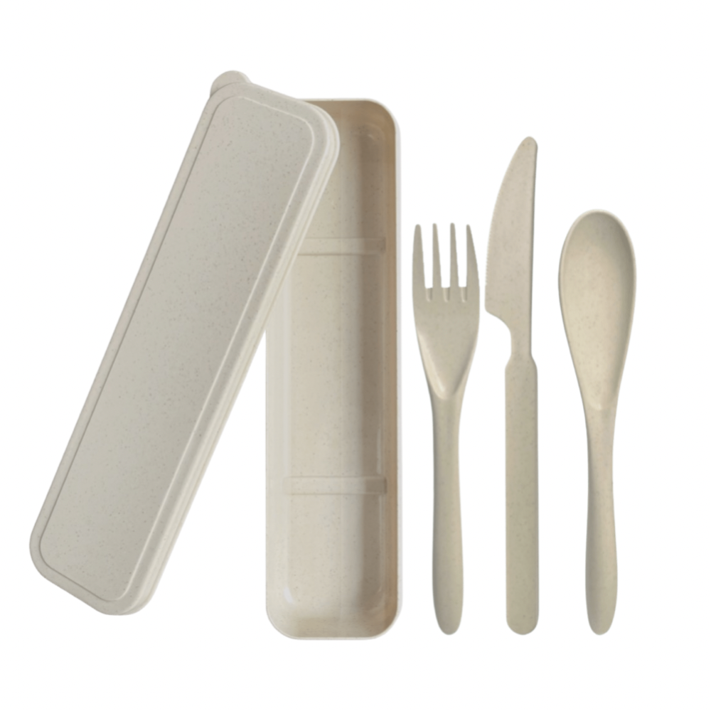 Bio Plastic reisbestek set van PLA uit tarwestro, incl. opbergdoosje