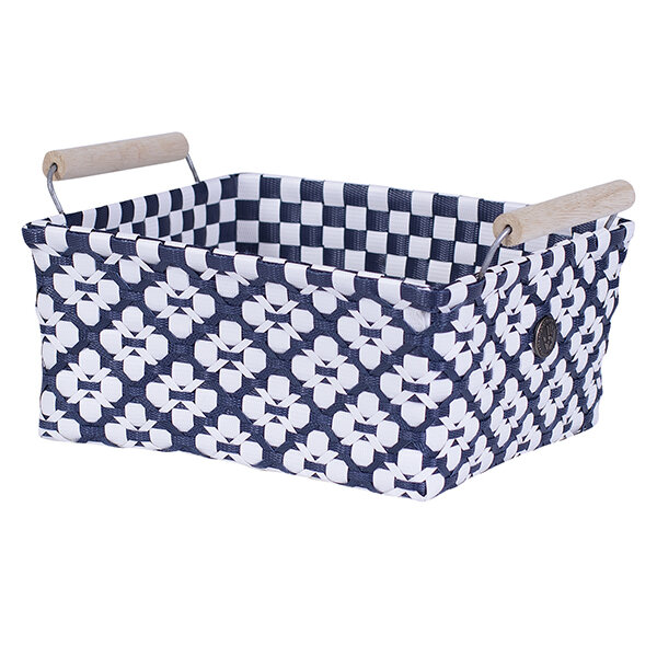 Handed By Regtangular Basket met houten handvatten Navy White, Small
