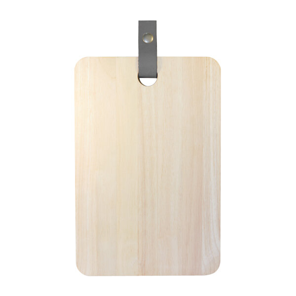 Eco-Design rubberhout snijplank met lederen band. 30 x 20cm Eco-Design rubberhout snijplank met lederen band. 30 x 20cm