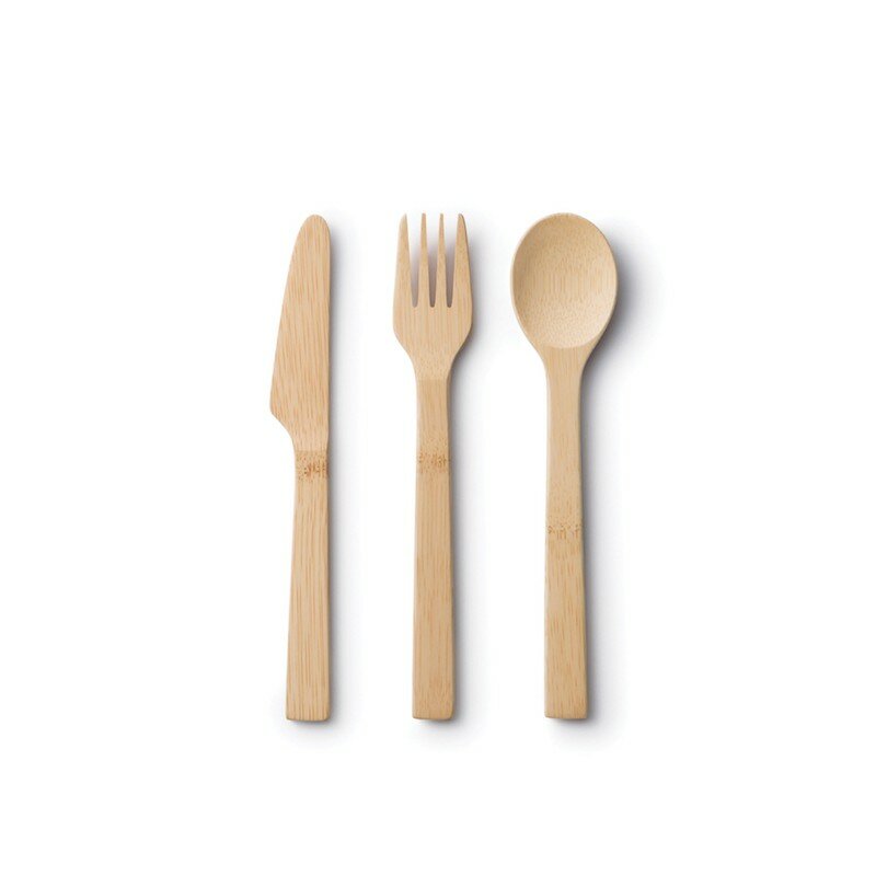 Bambu knife, fork & spoon set. Bamboe houten bestek set.