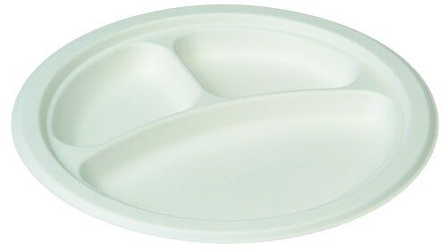 Suikerriet rond 3-vaks bord 26cm. Bio Wegwerpbord in pak van 50 stuks. Suikerriet rond 3-vaks bord 26cm. Bio Wegwerpbord in pak van 50 stuks.