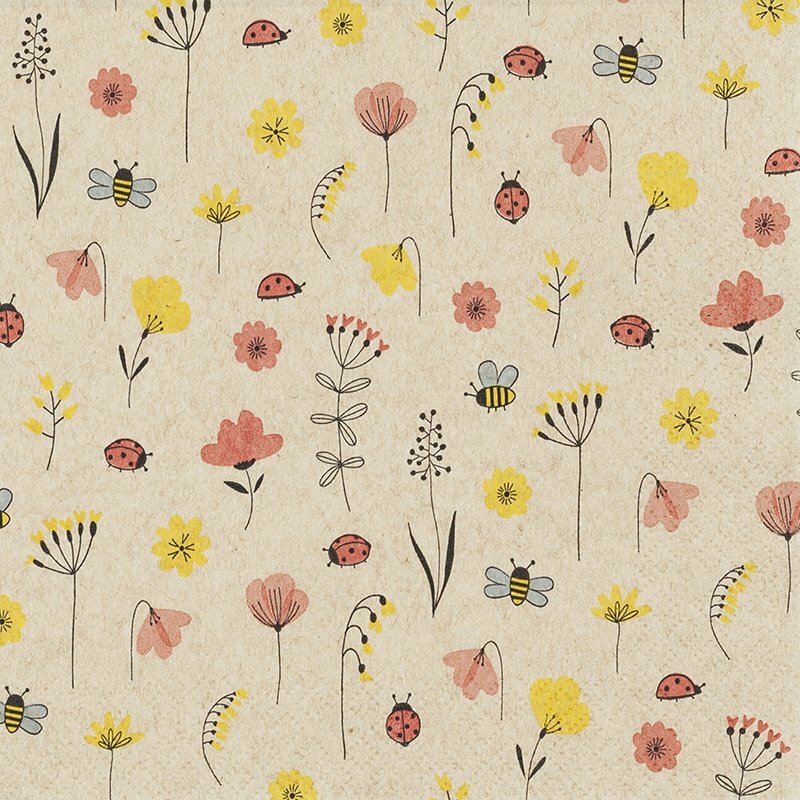 Eco servetten 33x33cm van gerecycled/ongebleekt papier - Ladybugs and Bees