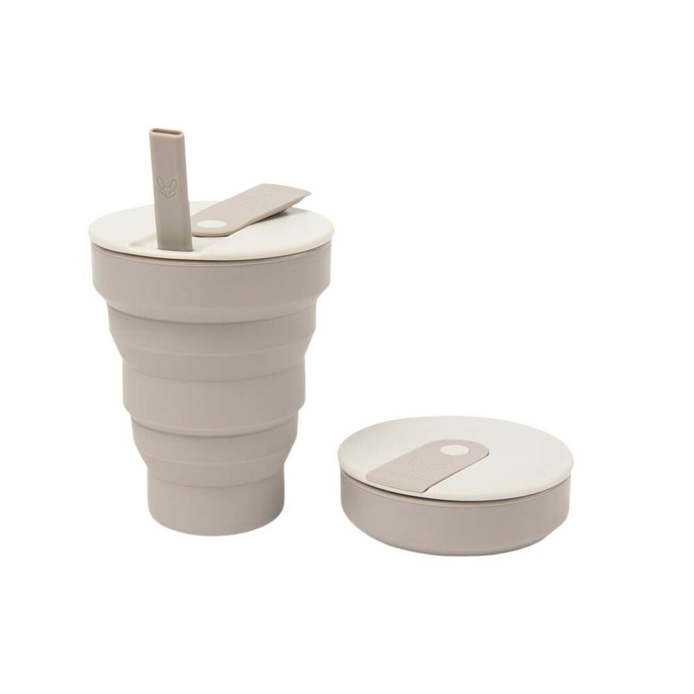 Hunu Collapsible Silicone Cup 475ml Warm Grey - Opvouwbare beker met rietje